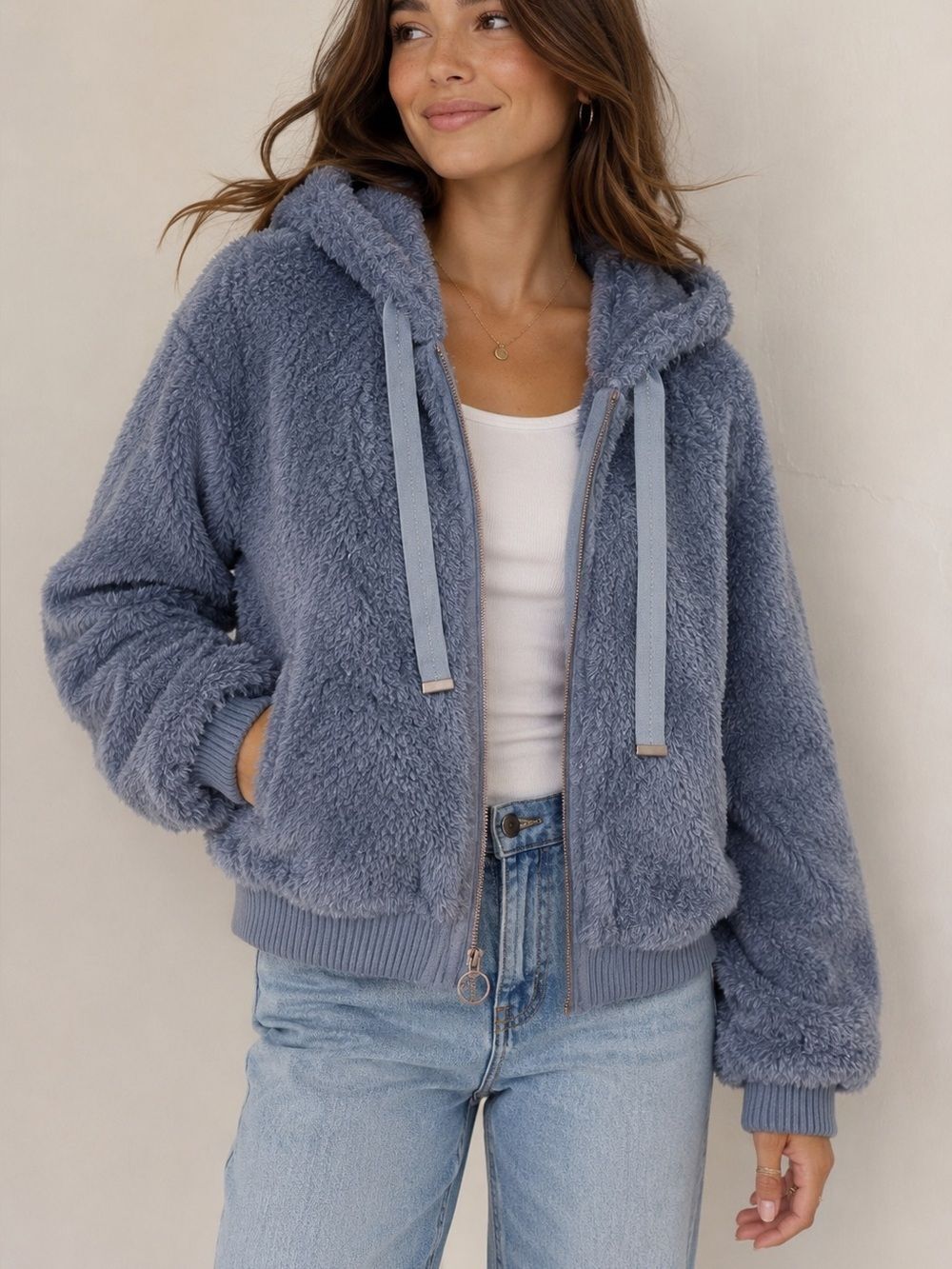 Pilcro Medium Blue Faux Fur Hooded Zip Bomber Jacket Cozy Plush Coat